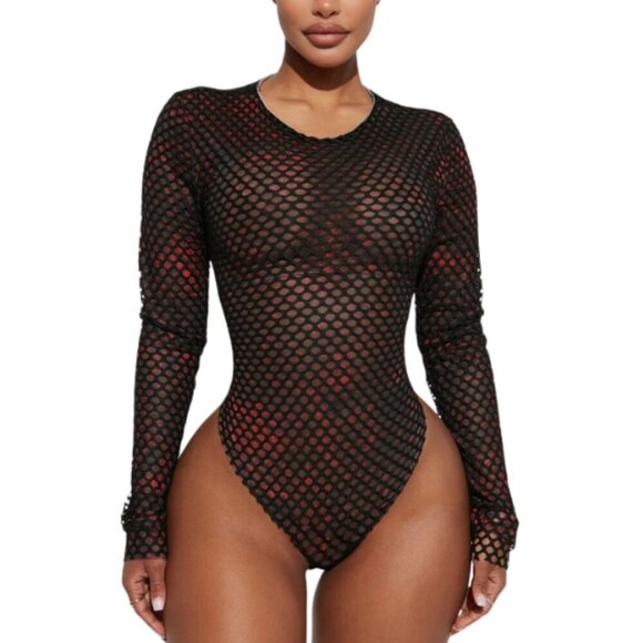 Fashion Nova Tops - Fashion Nova Black Red Fishnet/Mesh Crew Neck Thong Snap Button Bodysuit XL
